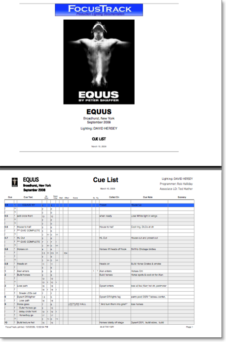 FocusTrack Printed Cue Sheet